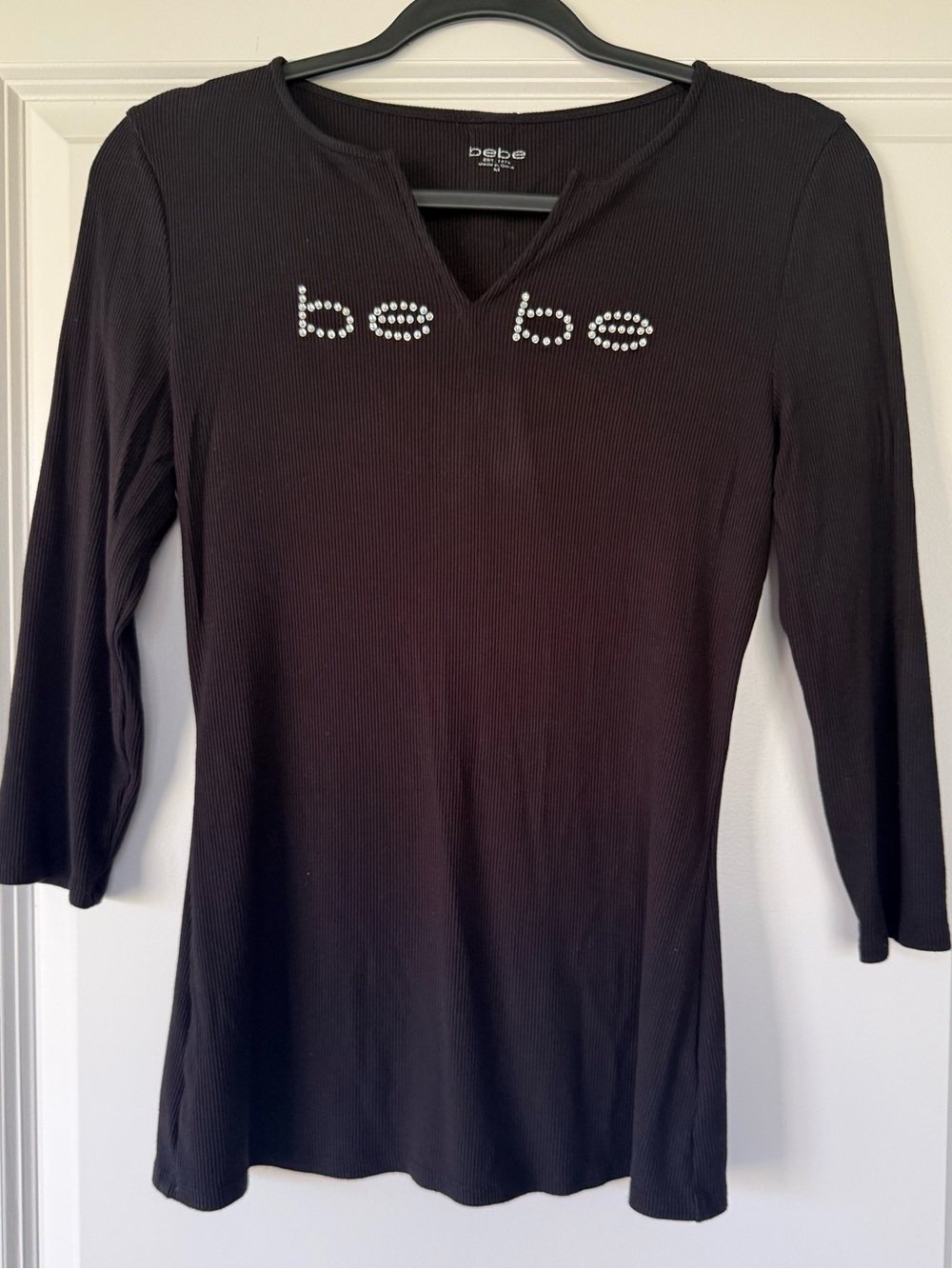 bebe Black Long Sleeve Ribbed Top with Rhinestone 'be be' Logo